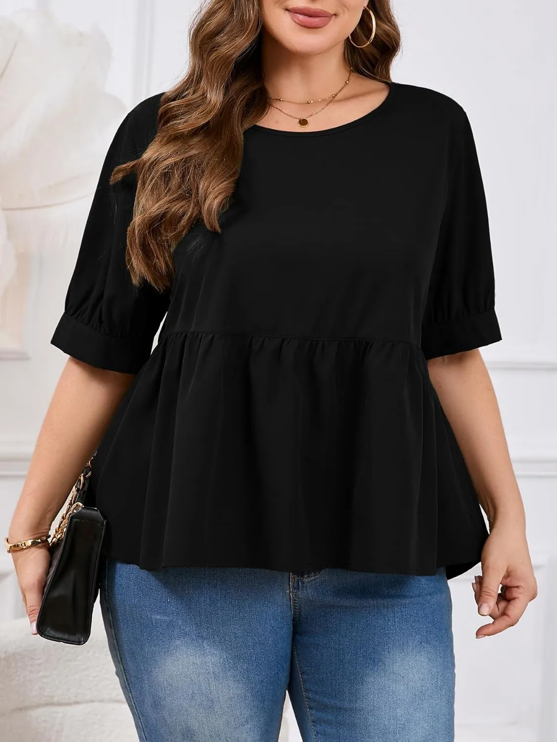 MakeMeChic Women's Plus Size Peplum Tops Short Sleeve Loose Blouse Ruffle Asymmetrical Hem Shirts