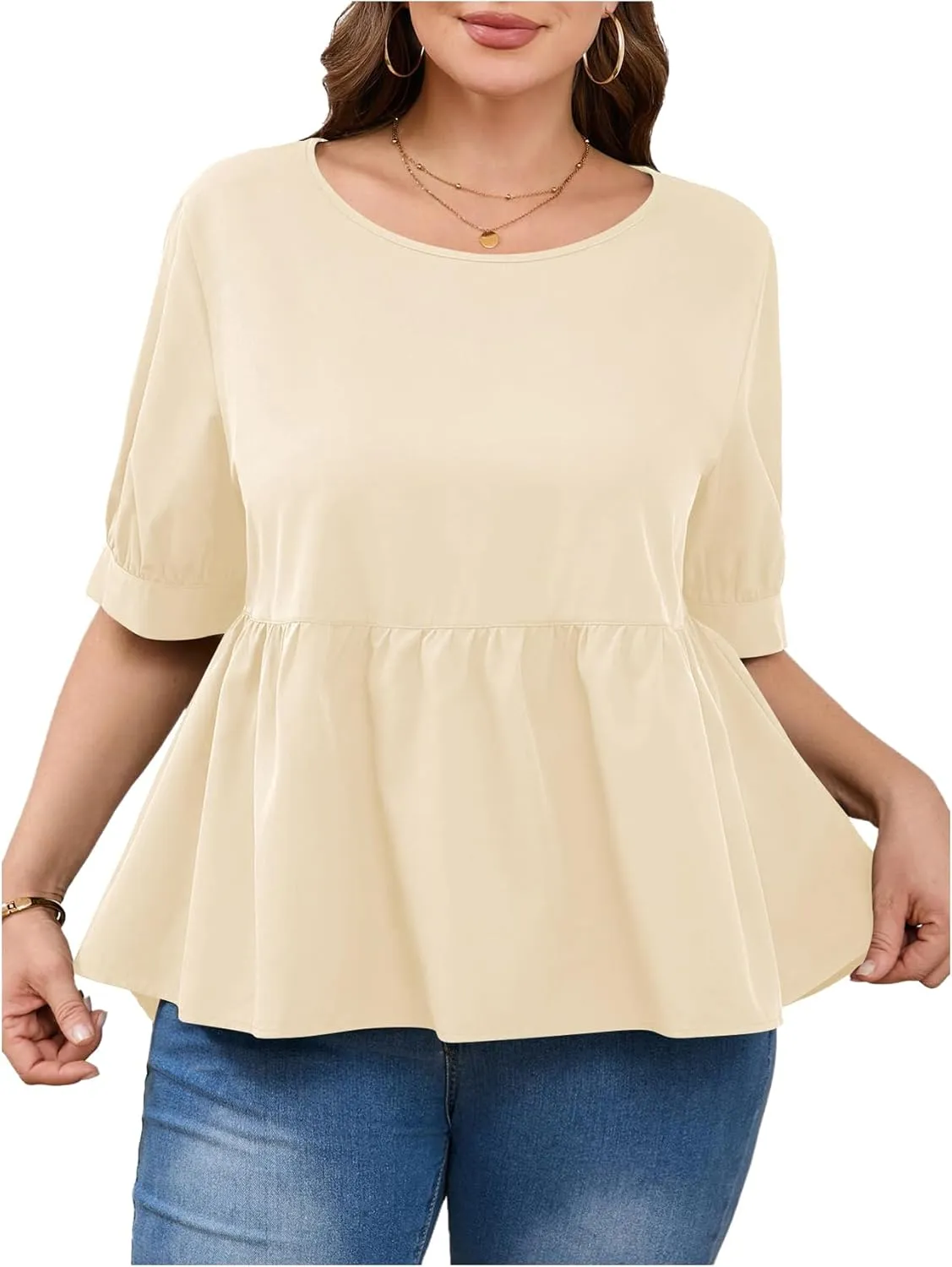 MakeMeChic Women's Plus Size Peplum Tops Short Sleeve Loose Blouse Ruffle Asymmetrical Hem Shirts