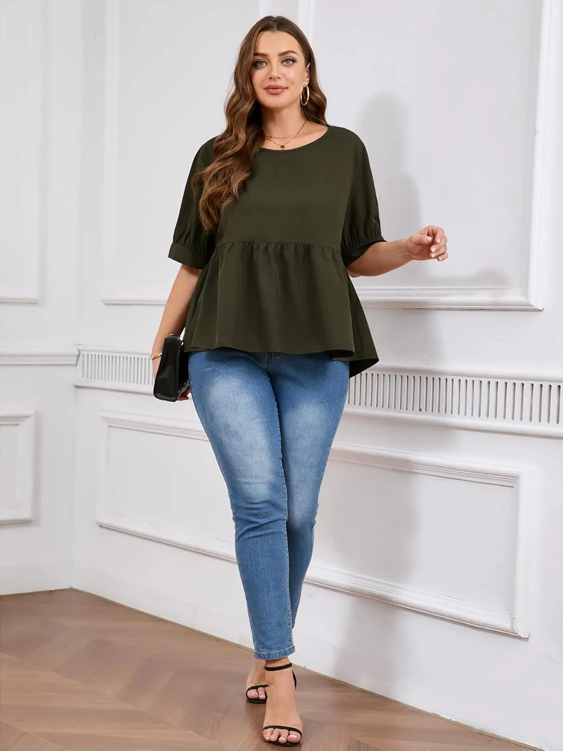 MakeMeChic Women's Plus Size Peplum Tops Short Sleeve Loose Blouse Ruffle Asymmetrical Hem Shirts