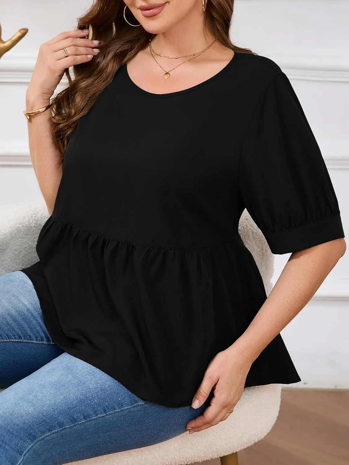 MakeMeChic Women's Plus Size Peplum Tops Short Sleeve Loose Blouse Ruffle Asymmetrical Hem Shirts
