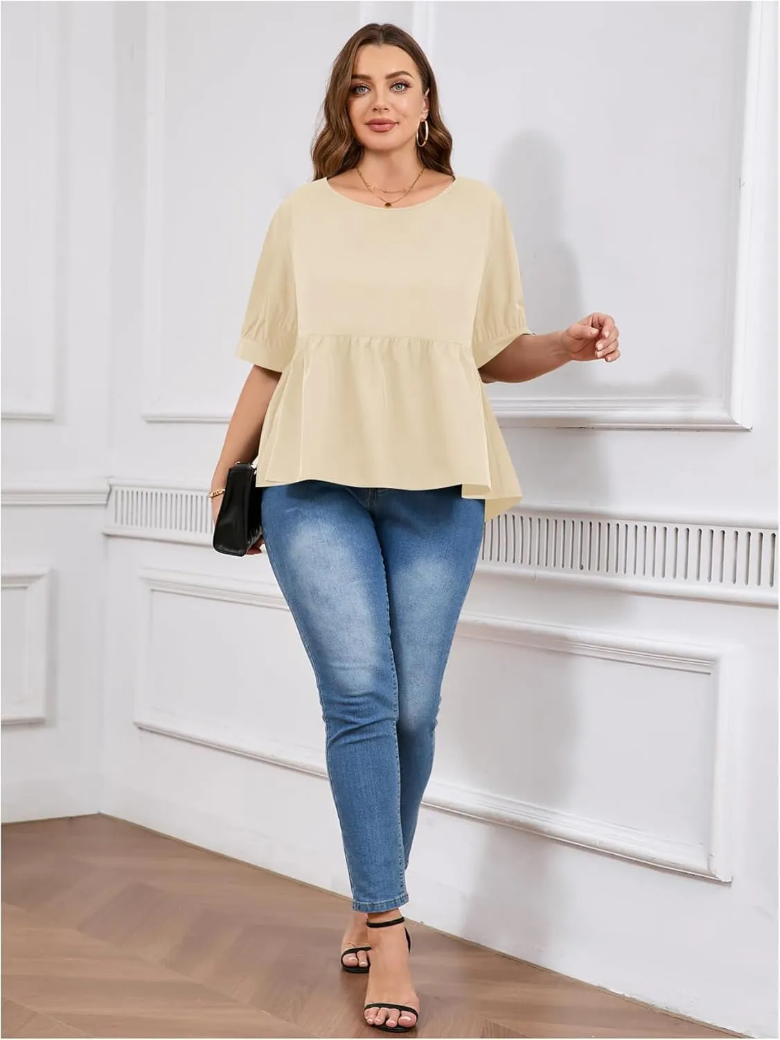 MakeMeChic Women's Plus Size Peplum Tops Short Sleeve Loose Blouse Ruffle Asymmetrical Hem Shirts