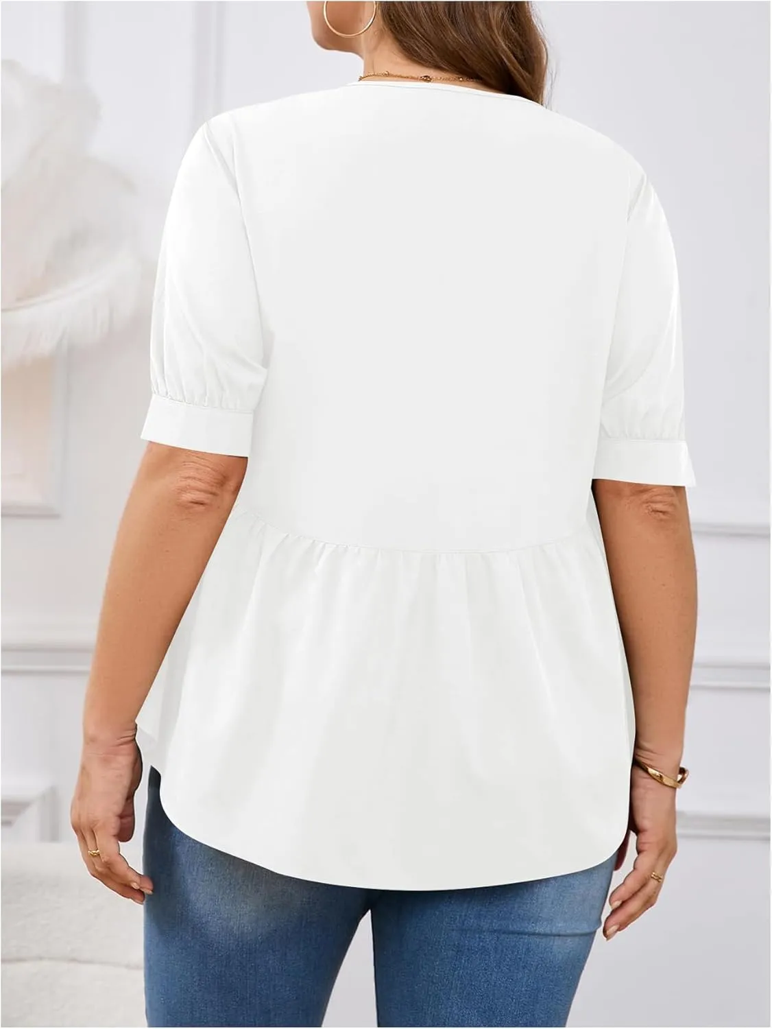 MakeMeChic Women's Plus Size Peplum Tops Short Sleeve Loose Blouse Ruffle Asymmetrical Hem Shirts
