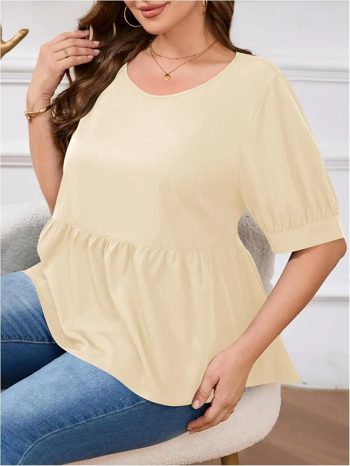 MakeMeChic Women's Plus Size Peplum Tops Short Sleeve Loose Blouse Ruffle Asymmetrical Hem Shirts