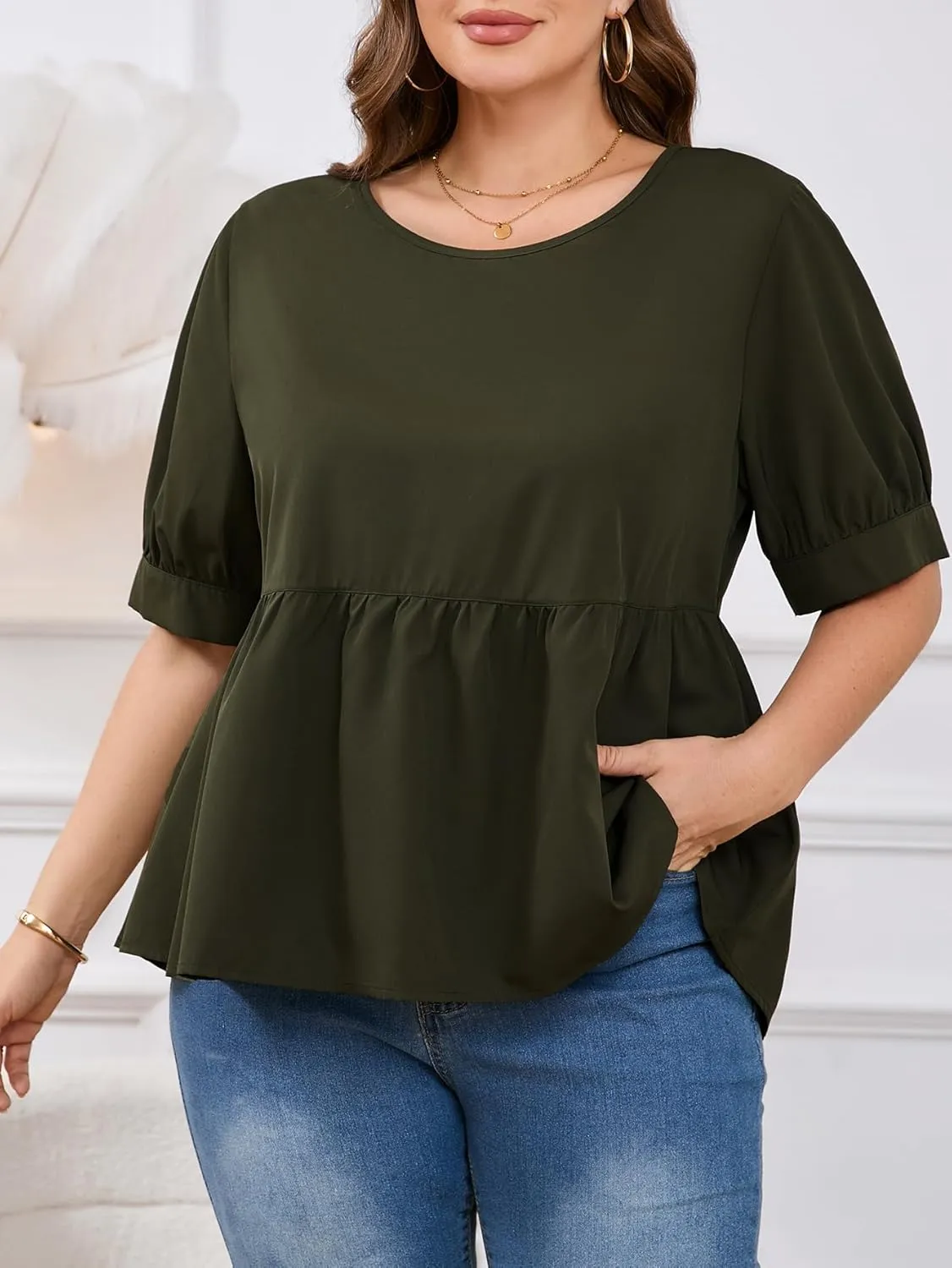 MakeMeChic Women's Plus Size Peplum Tops Short Sleeve Loose Blouse Ruffle Asymmetrical Hem Shirts