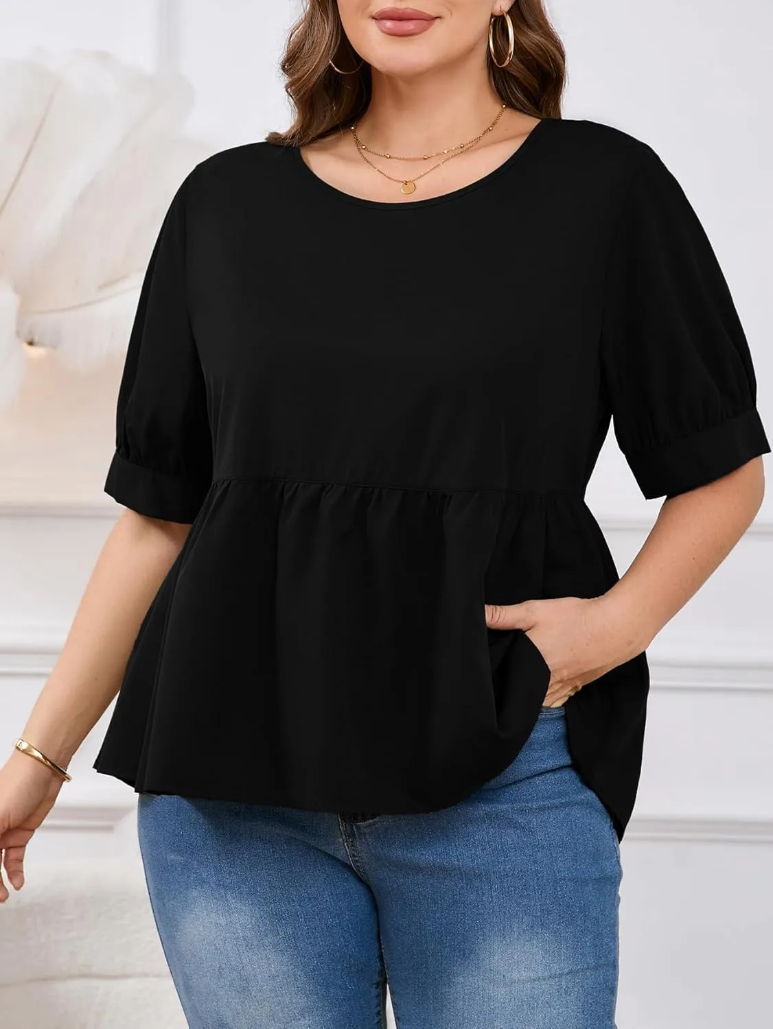 MakeMeChic Women's Plus Size Peplum Tops Short Sleeve Loose Blouse Ruffle Asymmetrical Hem Shirts