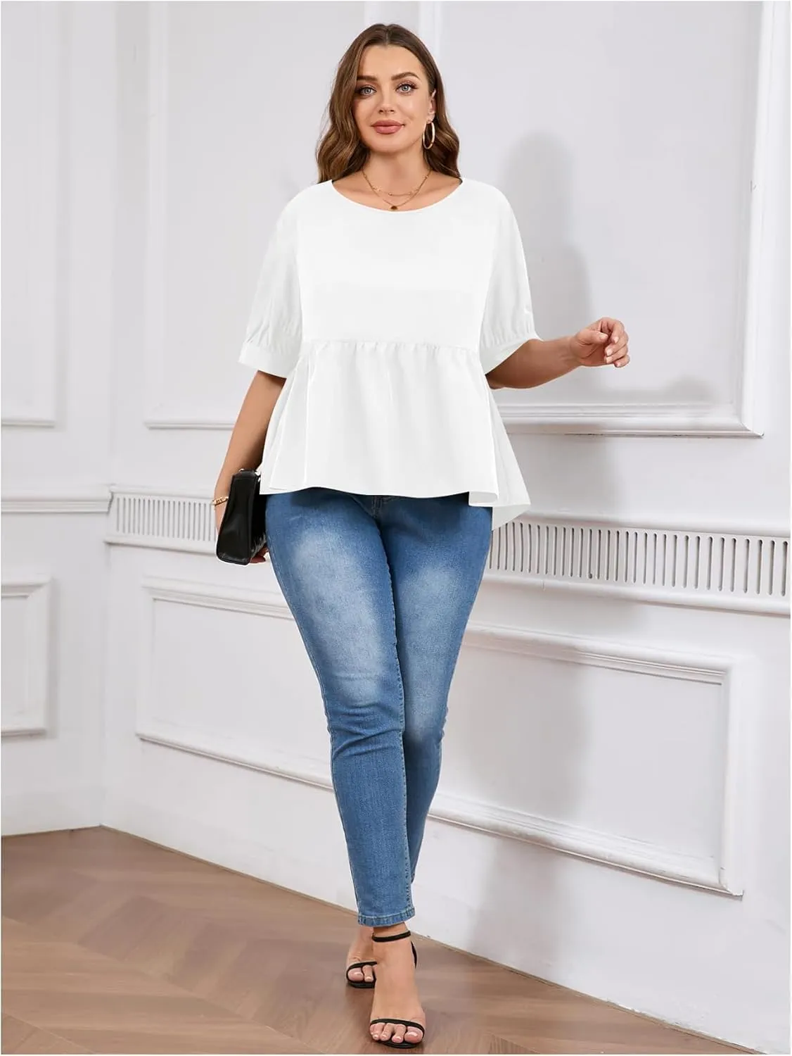 MakeMeChic Women's Plus Size Peplum Tops Short Sleeve Loose Blouse Ruffle Asymmetrical Hem Shirts