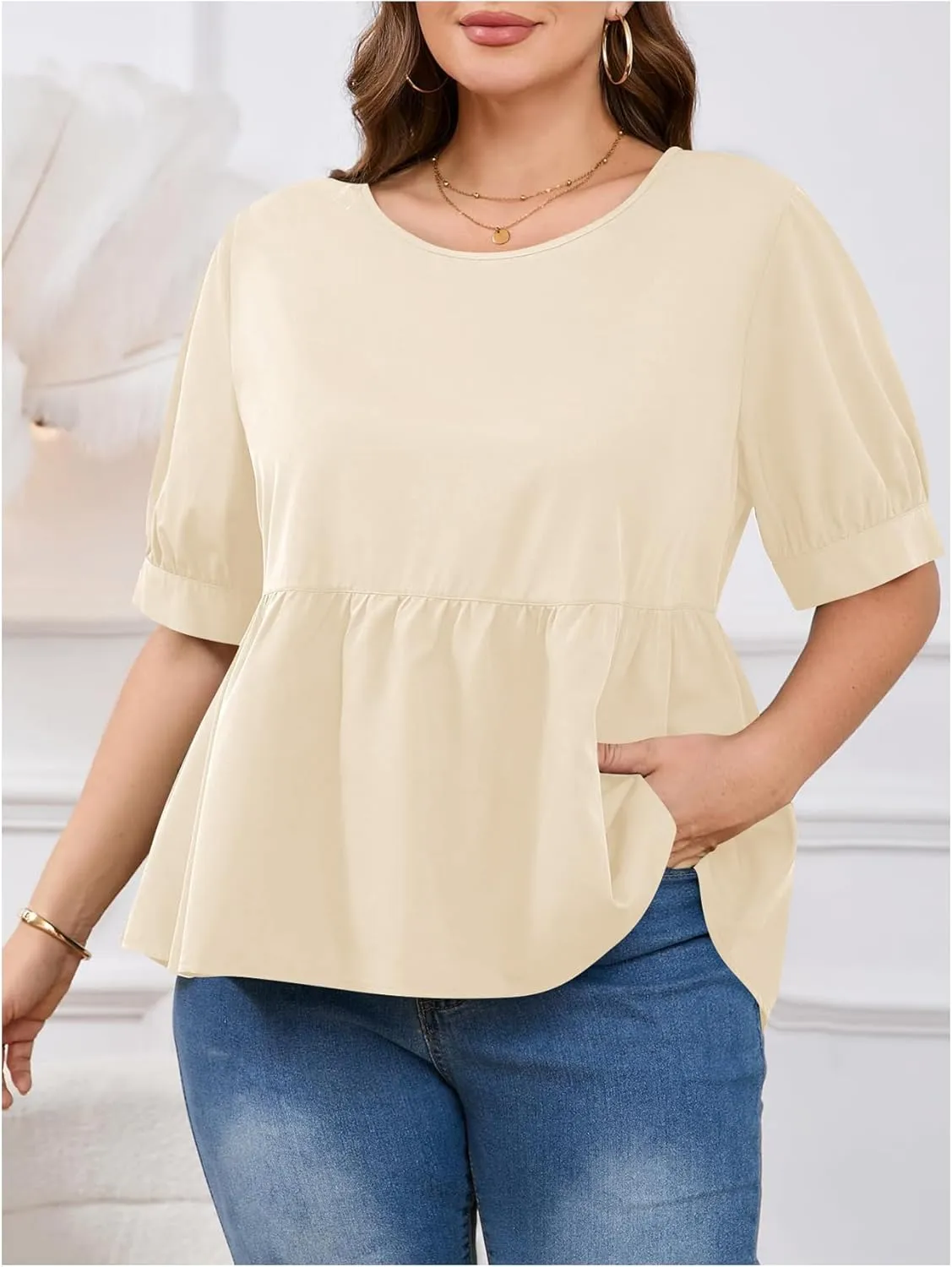 MakeMeChic Women's Plus Size Peplum Tops Short Sleeve Loose Blouse Ruffle Asymmetrical Hem Shirts