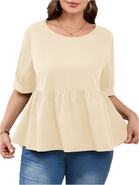 MakeMeChic Women's Plus Size Peplum Tops Short Sleeve Loose Blouse Ruffle Asymmetrical Hem Shirts