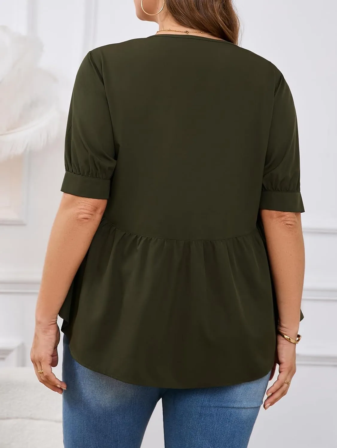 MakeMeChic Women's Plus Size Peplum Tops Short Sleeve Loose Blouse Ruffle Asymmetrical Hem Shirts