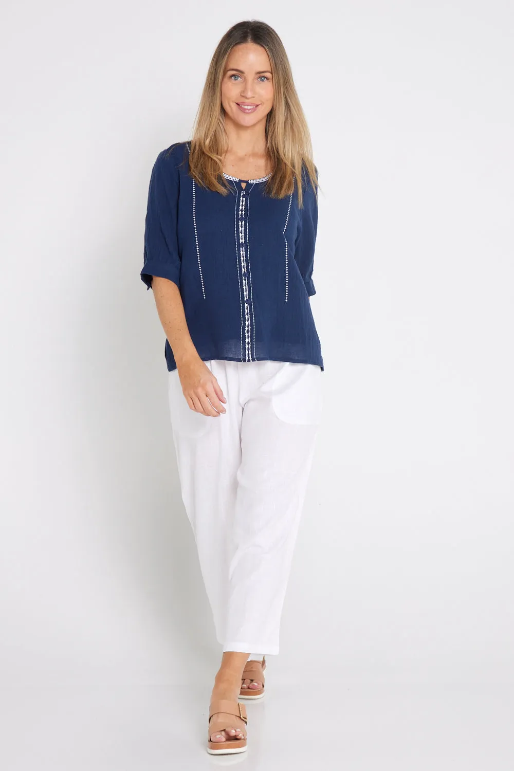 Meagan Linen Blouse - Navy