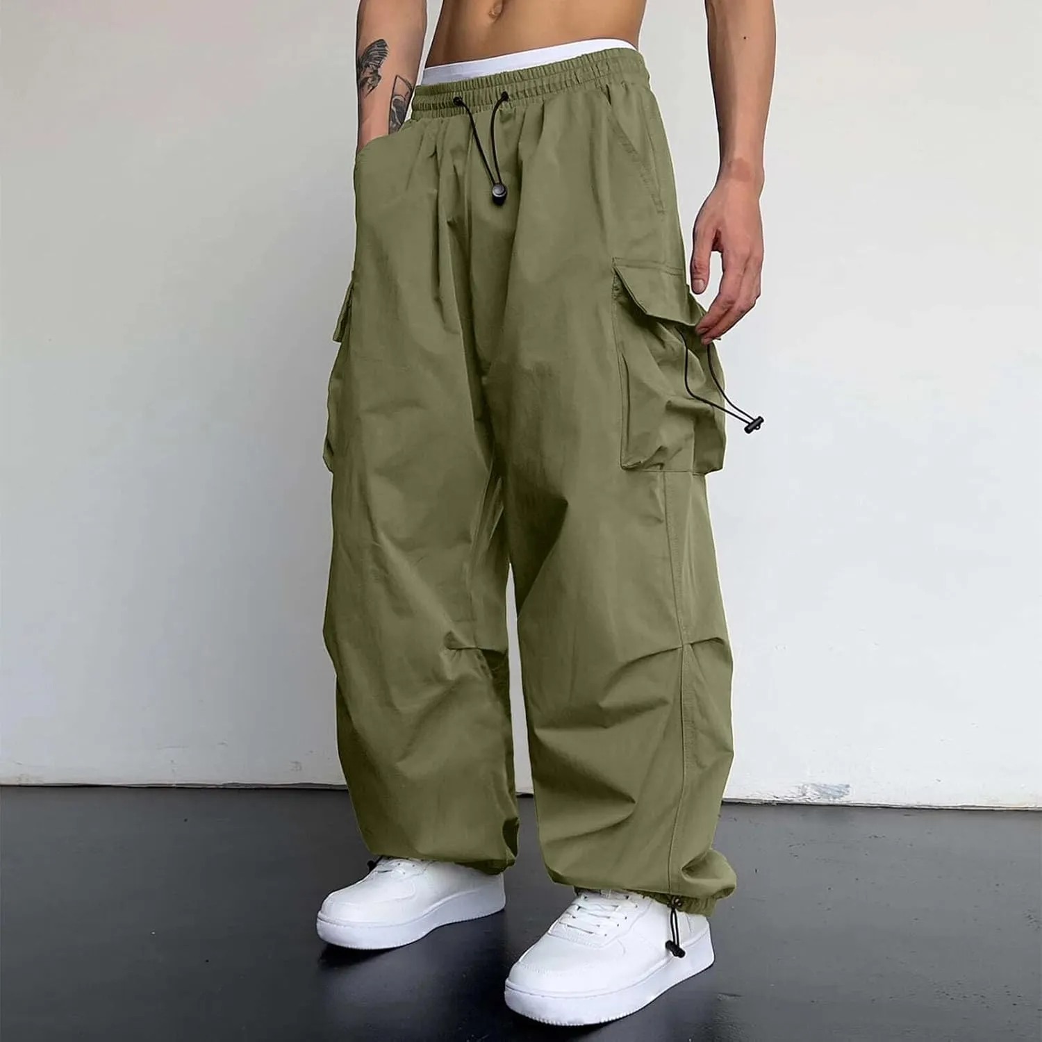 Mens Baggy Cargo Pants Casual Parachute Pants Drawstring Workout Athletic Sweatpants Plus Size Loose Harem Joggers