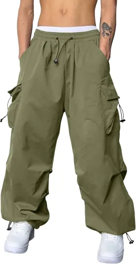 Mens Baggy Cargo Pants Casual Parachute Pants Drawstring Workout Athletic Sweatpants Plus Size Loose Harem Joggers