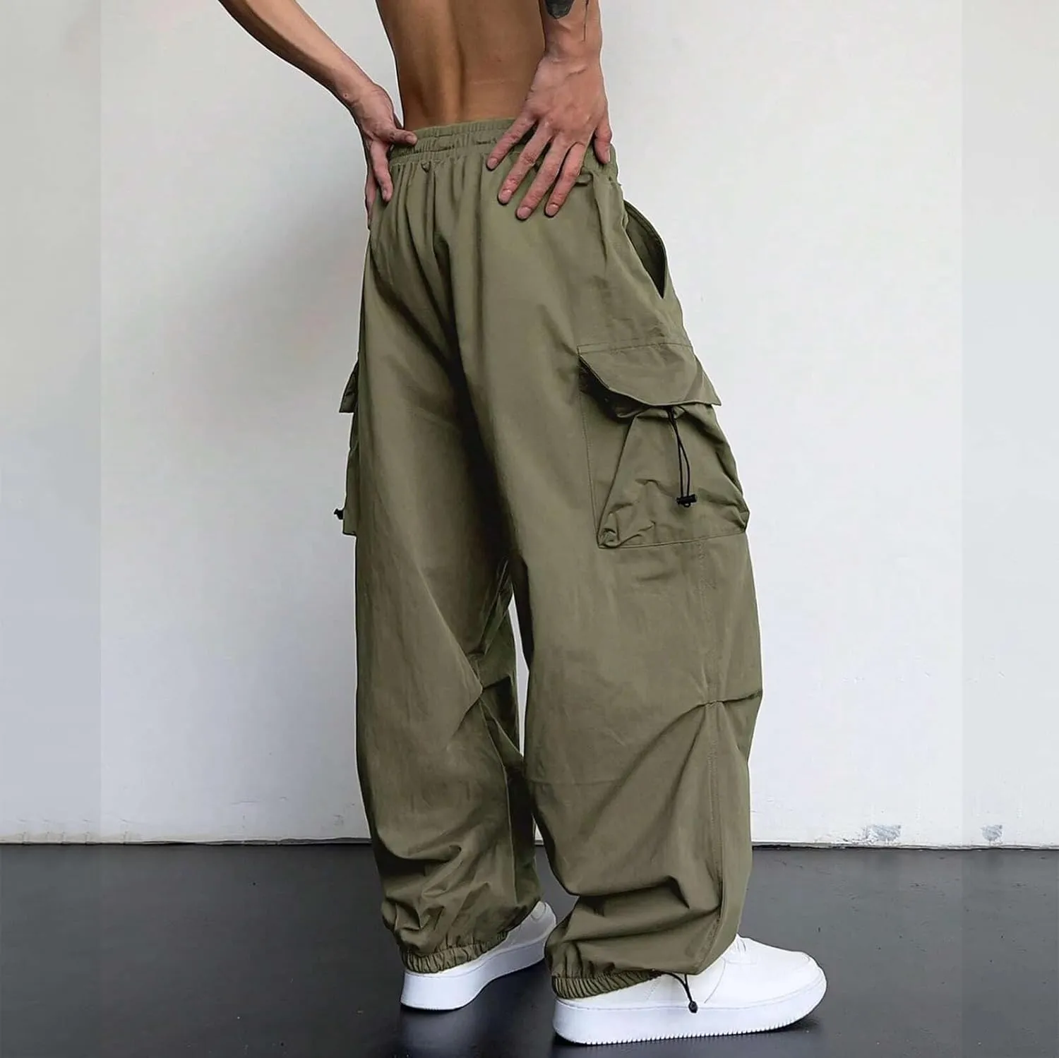 Mens Baggy Cargo Pants Casual Parachute Pants Drawstring Workout Athletic Sweatpants Plus Size Loose Harem Joggers