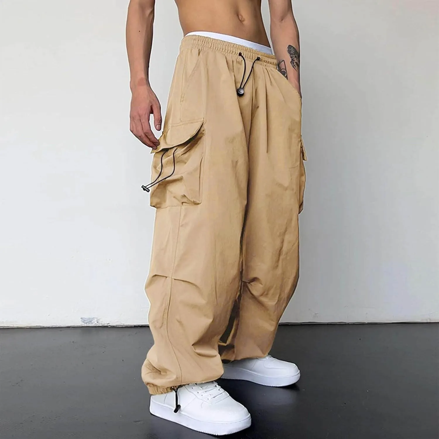 Mens Baggy Cargo Pants Loose Fit Multi-Pockets Straight Long Trousers Parachute Cargo Pants Hip Hop Y2k Harem Pant Streetwear