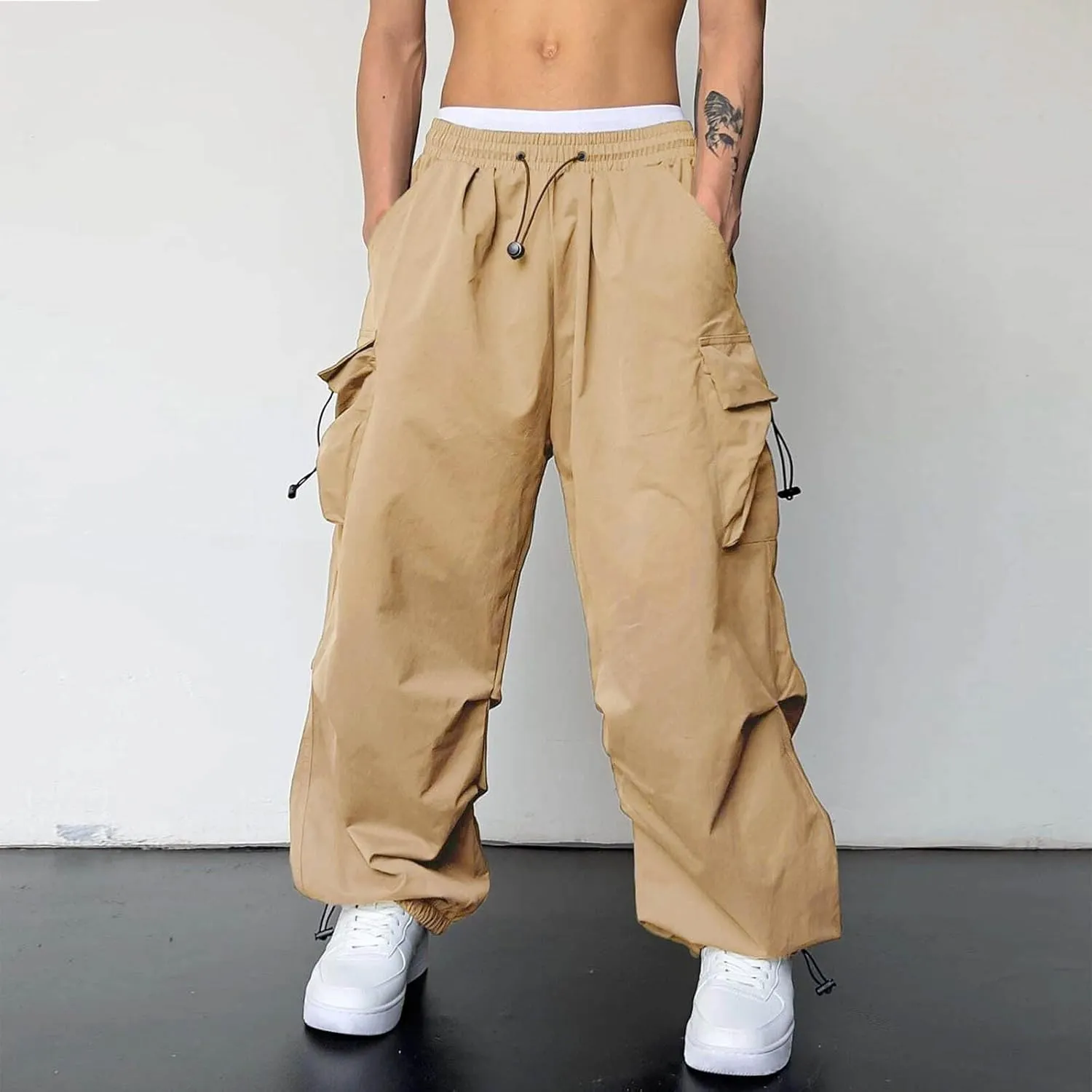 Mens Baggy Cargo Pants Loose Fit Multi-Pockets Straight Long Trousers Parachute Cargo Pants Hip Hop Y2k Harem Pant Streetwear