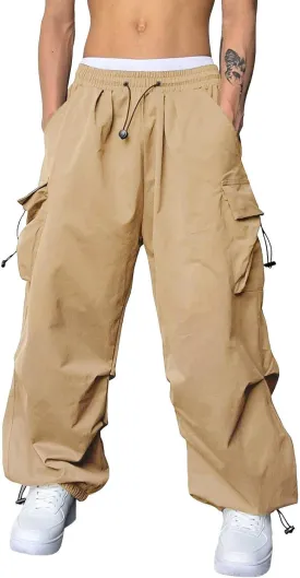 Mens Baggy Cargo Pants Loose Fit Multi-Pockets Straight Long Trousers Parachute Cargo Pants Hip Hop Y2k Harem Pant Streetwear