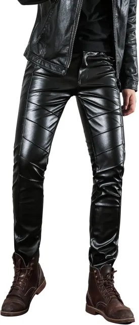 Men`s Black Slim Fit Soft PU Faux Leather Biker Pants