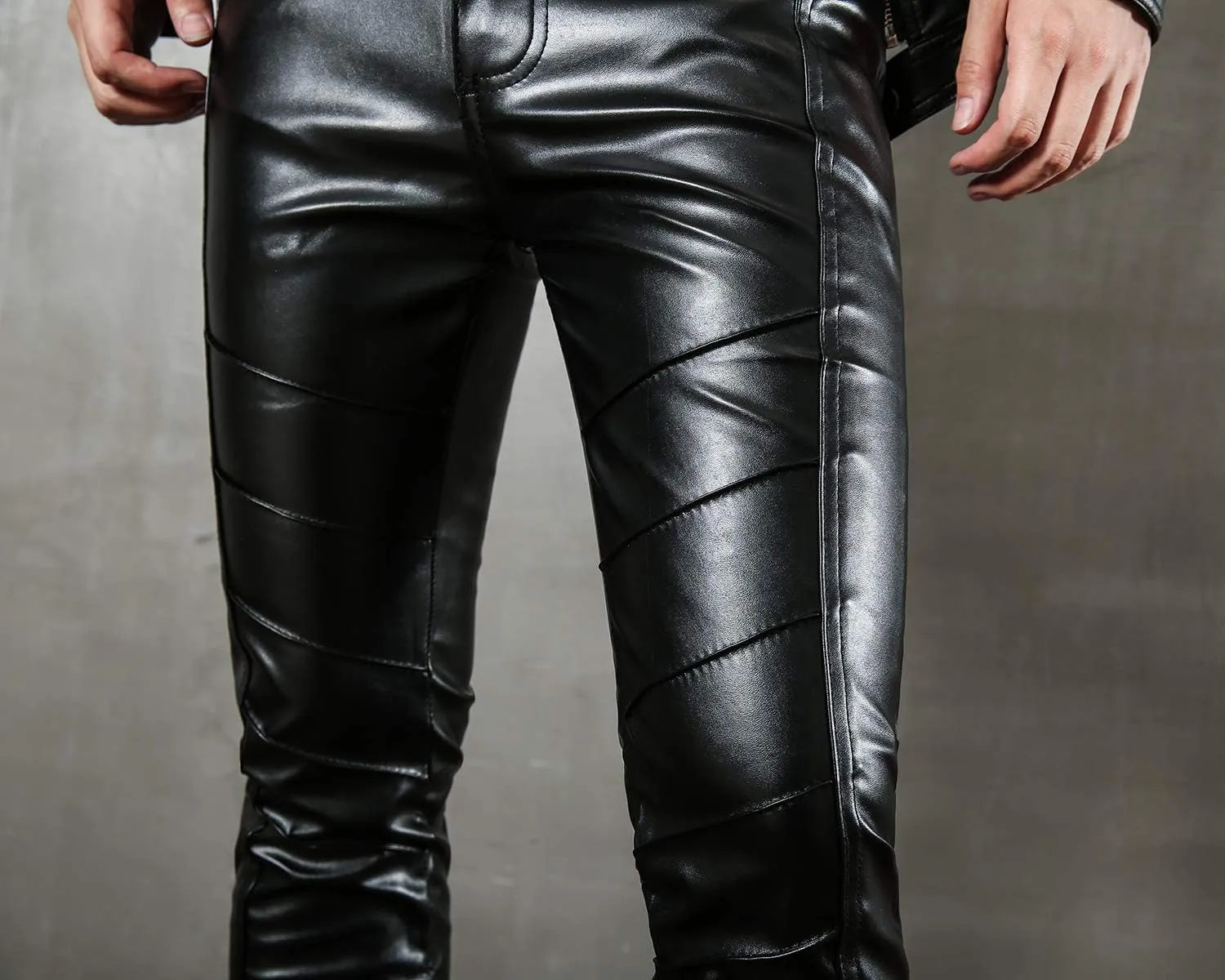 Men`s Black Slim Fit Soft PU Faux Leather Biker Pants