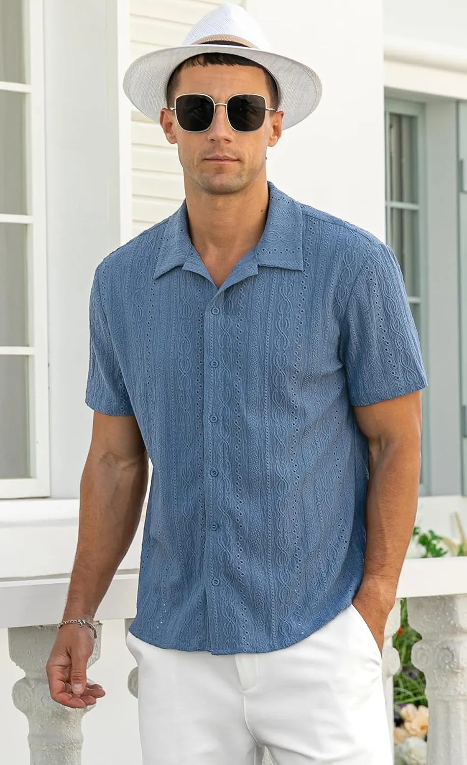NITAGUT Men's Short Sleeve Shirts Casual Button Down Shirts Vacation Beach Summer Hollow Out Tops