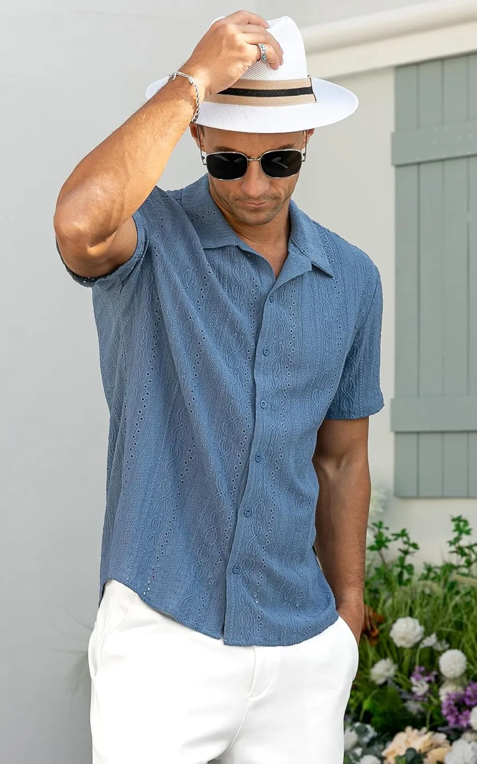 NITAGUT Men's Short Sleeve Shirts Casual Button Down Shirts Vacation Beach Summer Hollow Out Tops