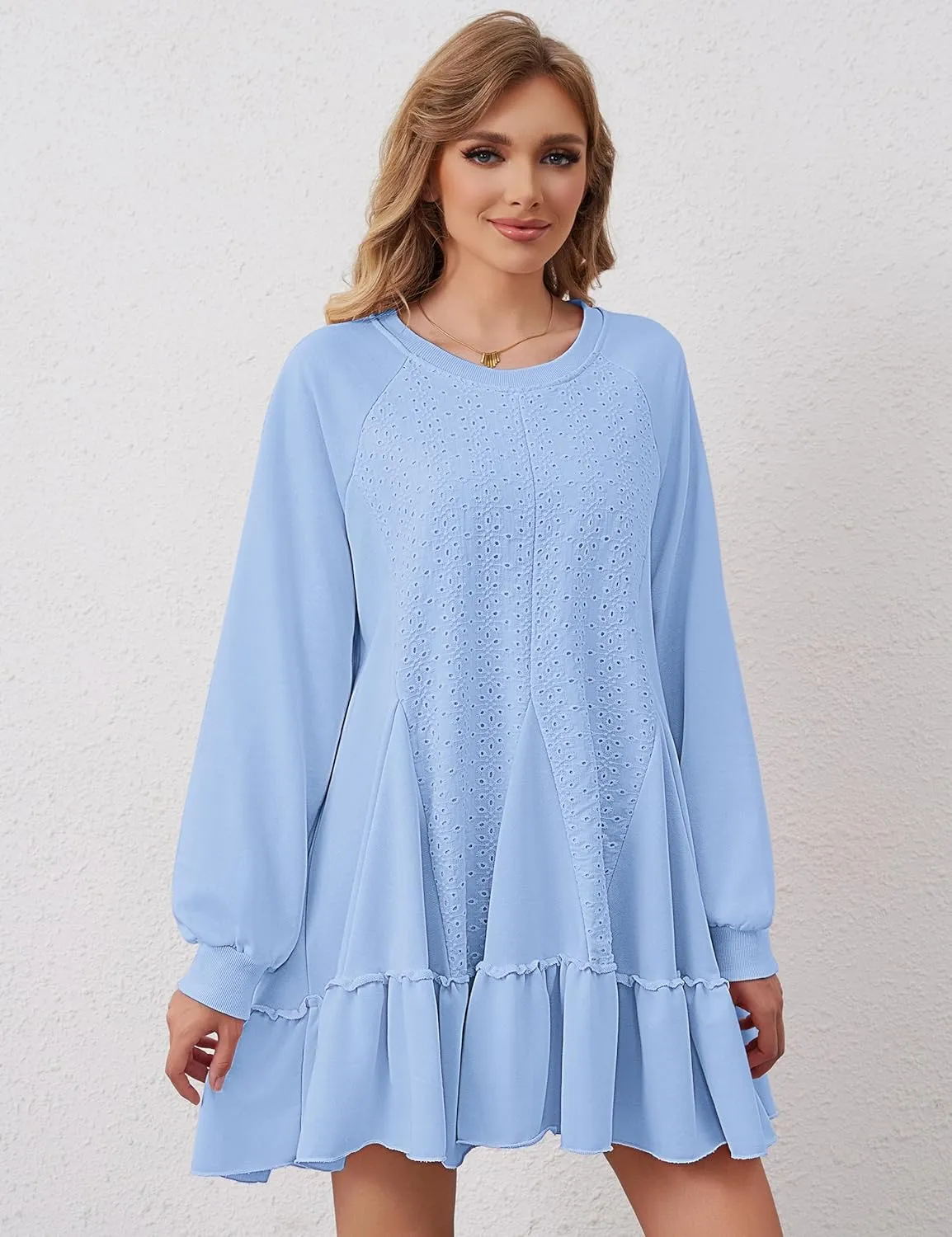 Oversized Sweatshirt Dress for Women Hollow Out Tunic Tops Casual Crew Neck Patchwork Ruffle Hem Flowy Dresses