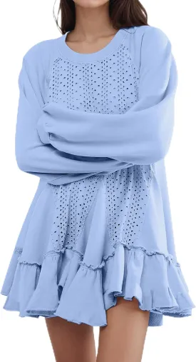 Oversized Sweatshirt Dress for Women Hollow Out Tunic Tops Casual Crew Neck Patchwork Ruffle Hem Flowy Dresses