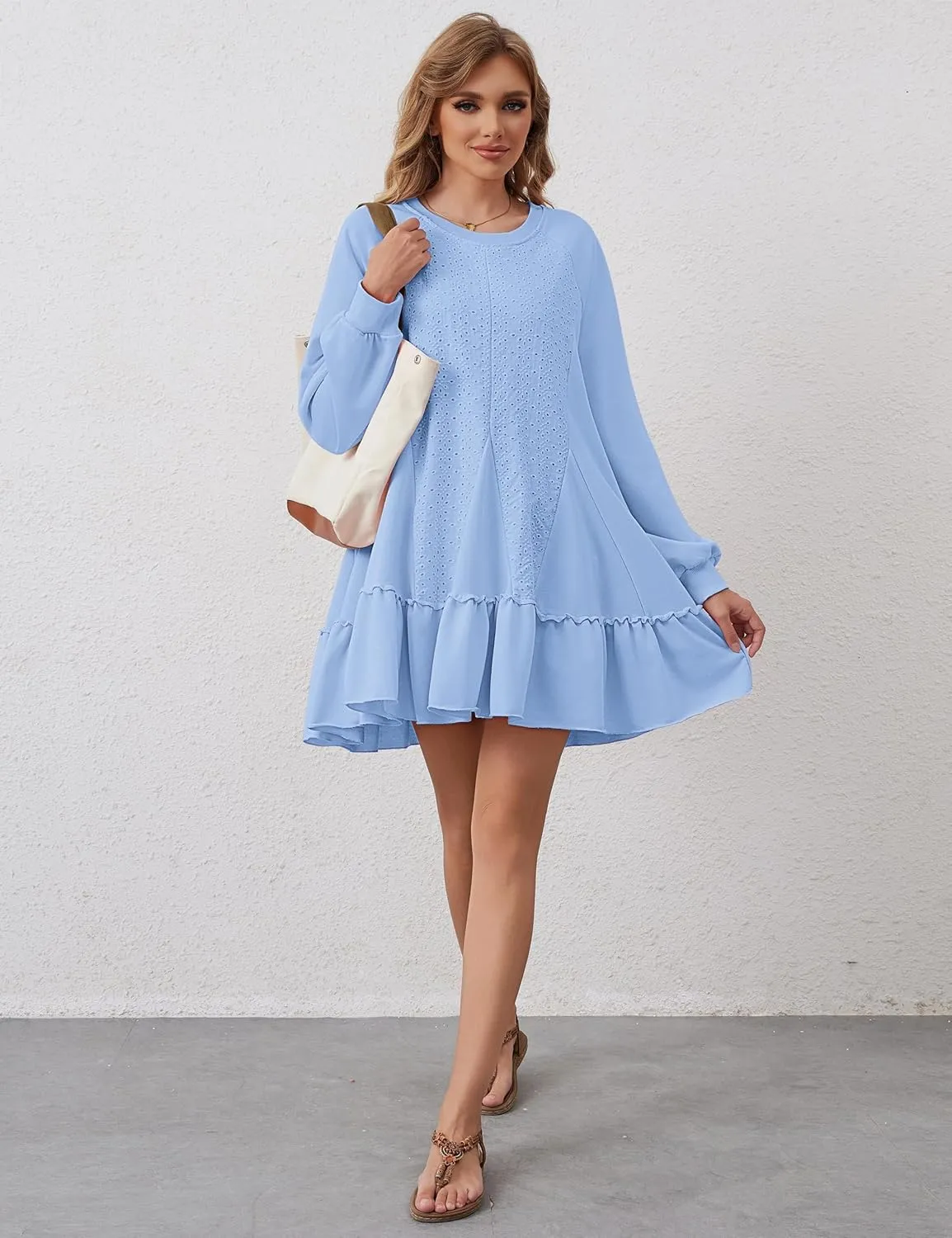 Oversized Sweatshirt Dress for Women Hollow Out Tunic Tops Casual Crew Neck Patchwork Ruffle Hem Flowy Dresses
