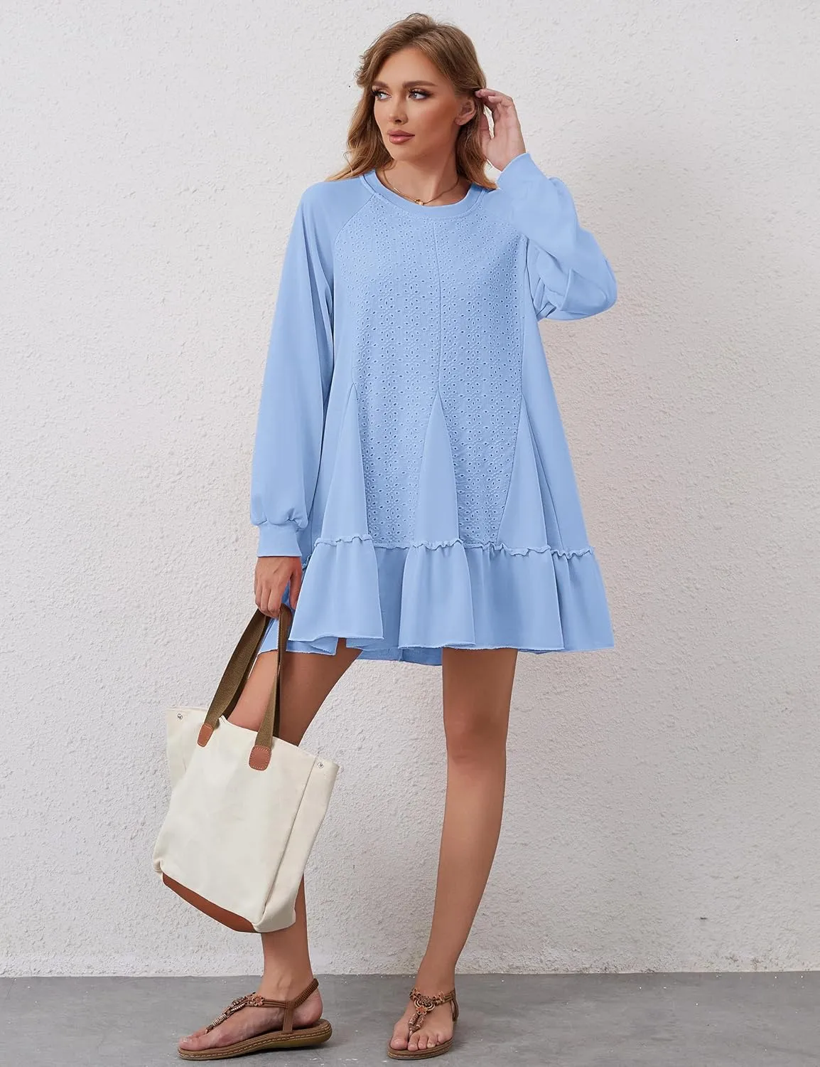 Oversized Sweatshirt Dress for Women Hollow Out Tunic Tops Casual Crew Neck Patchwork Ruffle Hem Flowy Dresses
