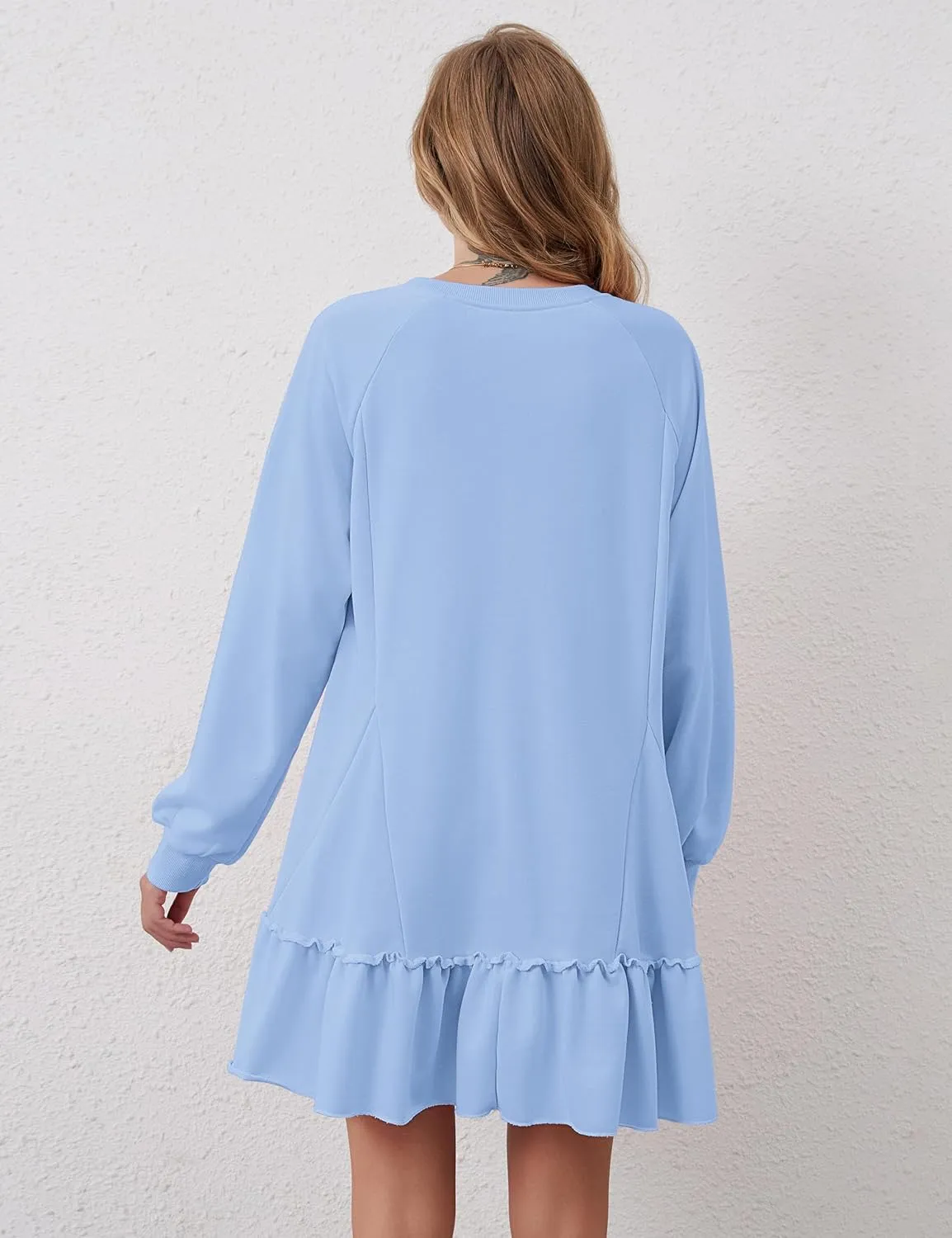 Oversized Sweatshirt Dress for Women Hollow Out Tunic Tops Casual Crew Neck Patchwork Ruffle Hem Flowy Dresses