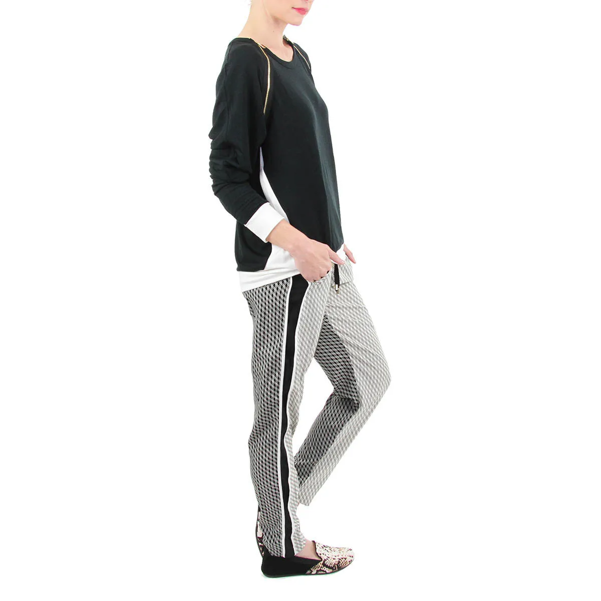 Petty Pant - Elastic Waist Pant in White Diagonal Grid Print
