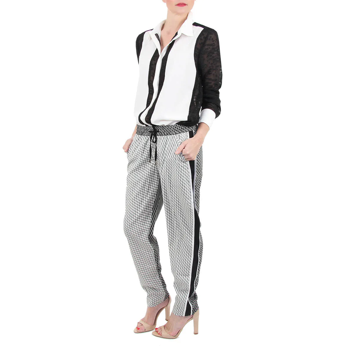 Petty Pant - Elastic Waist Pant in White Diagonal Grid Print