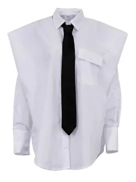 Pre Order:  White Shirt Tie Broad Shoulder Blouse