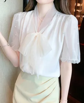 Pure Color Puff Sleeve Female Blouses Office Lady Bow Lace-up Mesh Slim Summer Women's Blouse Elegant Fashion Workwear
