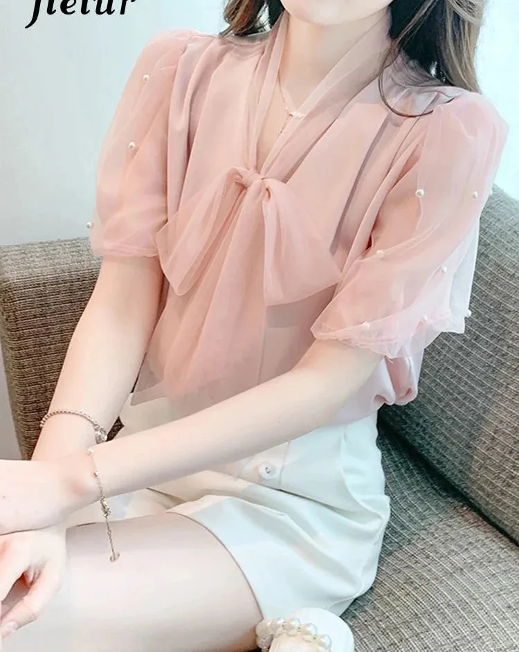 Pure Color Puff Sleeve Female Blouses Office Lady Bow Lace-up Mesh Slim Summer Women's Blouse Elegant Fashion Workwear
