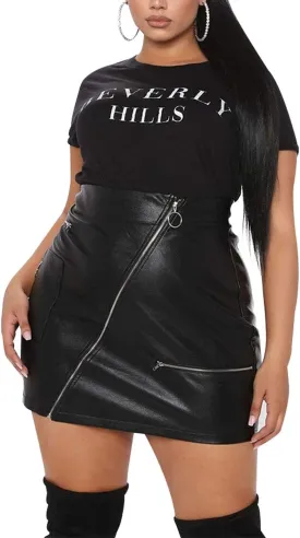 PYL Womens Plus Size Zipper PU Faux Leather Skirt Short High Waist Mini Bodycon