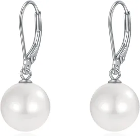 Rnivida 925 Sterling Silver Hypoallergenic Pearl Leverback Earrings,Single White Round Pearl Drop Jewelry Gift for Women