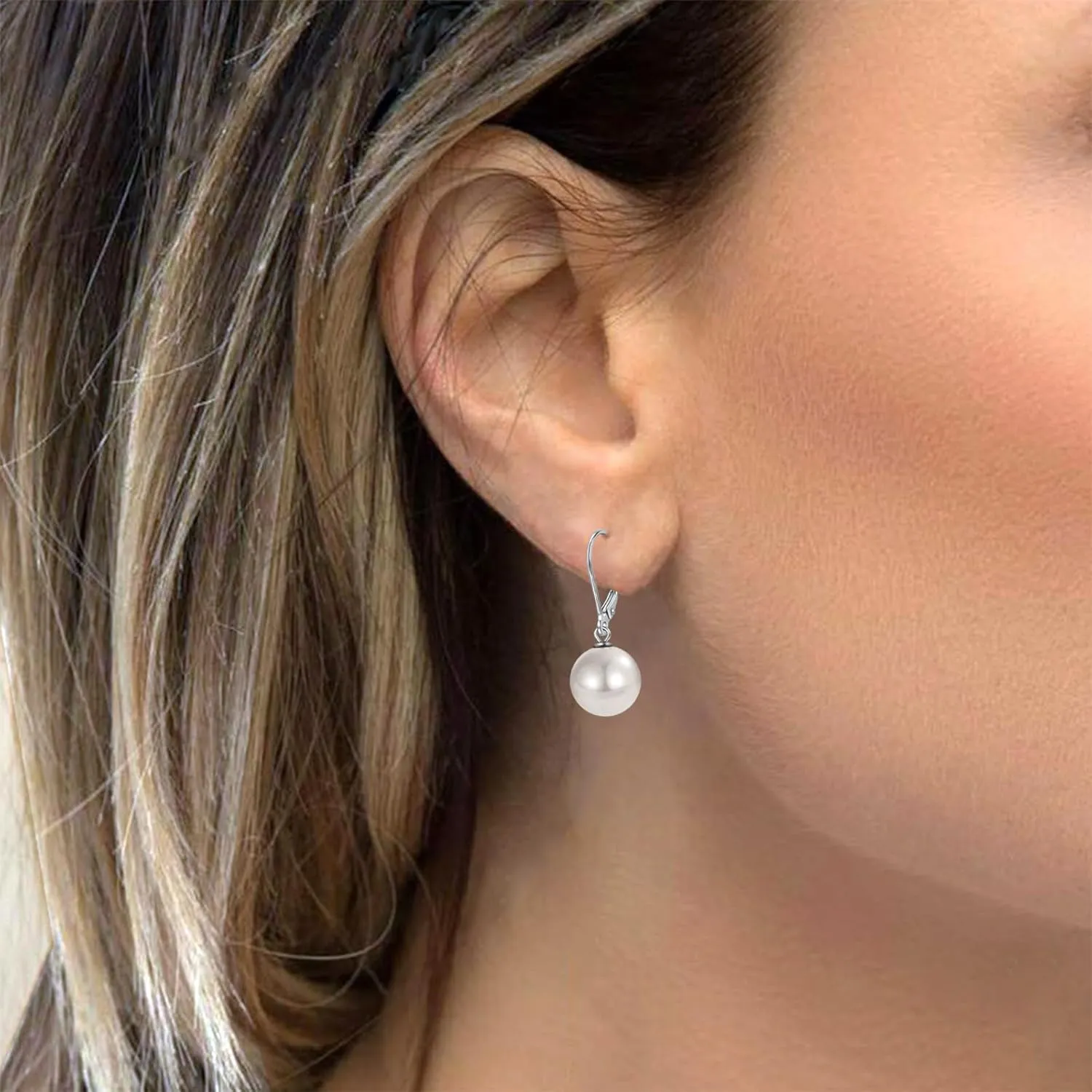 Rnivida 925 Sterling Silver Hypoallergenic Pearl Leverback Earrings,Single White Round Pearl Drop Jewelry Gift for Women
