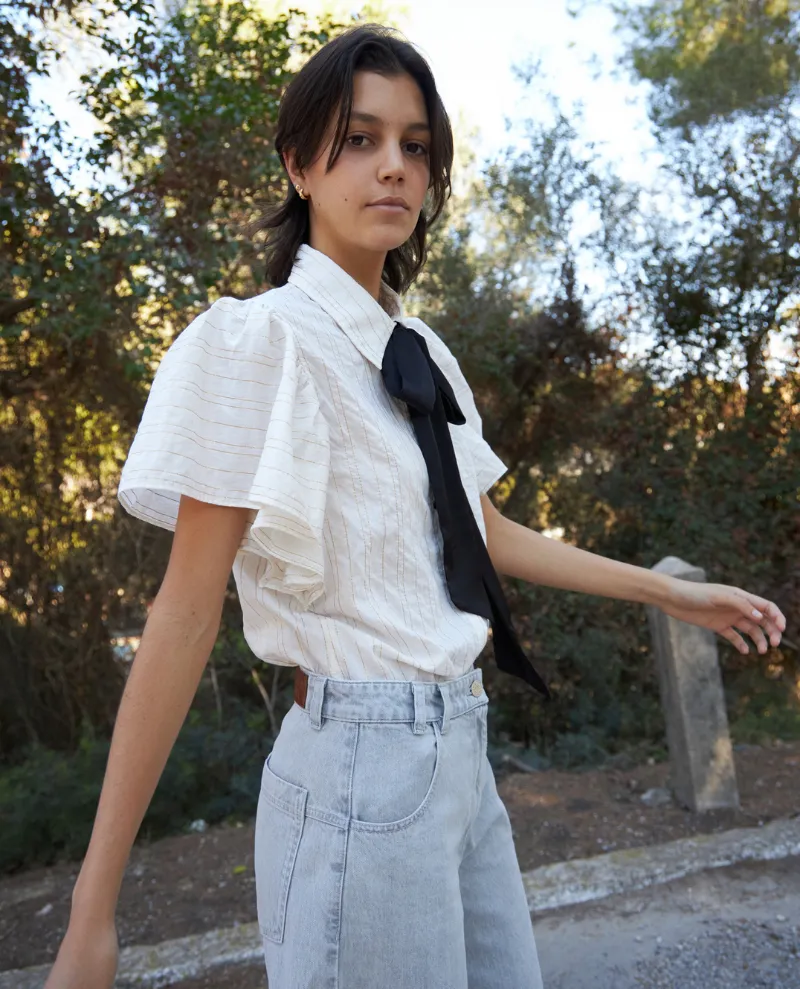 Stella Nova Bow Tie Cream Gold Stripe Blouse
