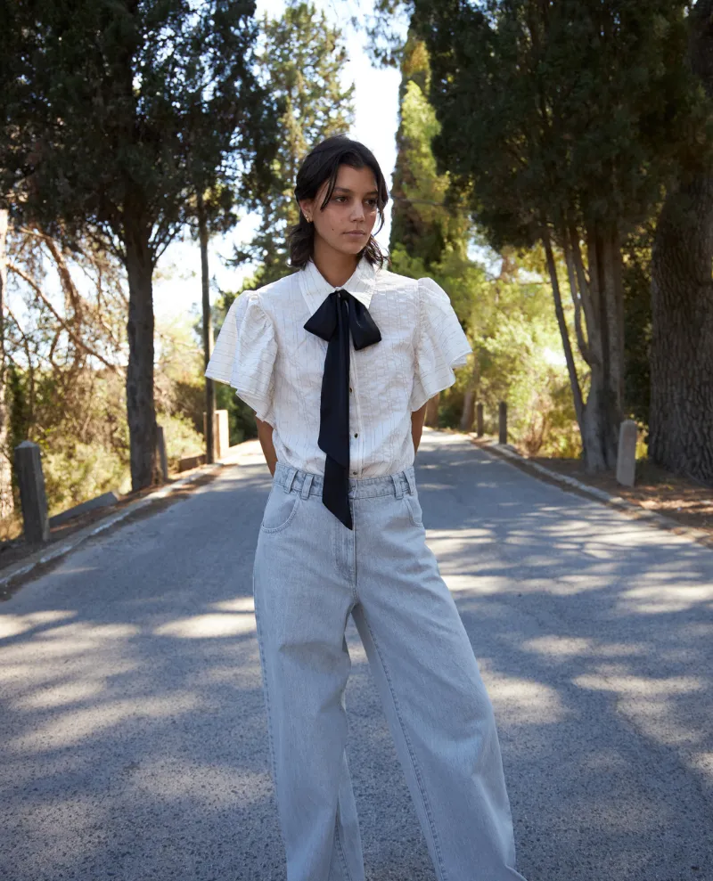 Stella Nova Bow Tie Cream Gold Stripe Blouse
