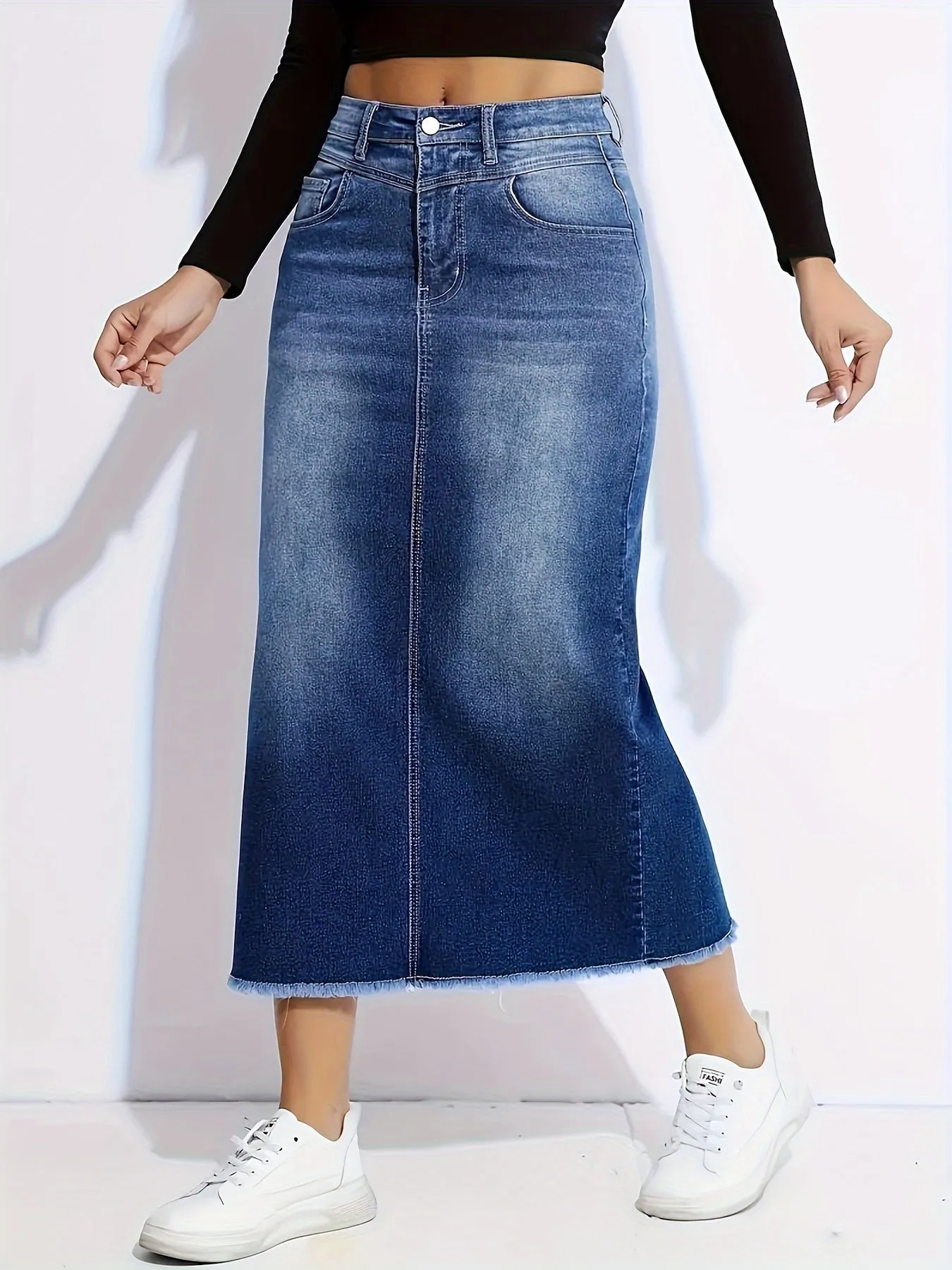 Stylish Mid-Length Denim Skirt for Women - High Waist, Casual Chic, Slit Detail, Frayed Hem, Fashionable Apparel for Everyday Wear