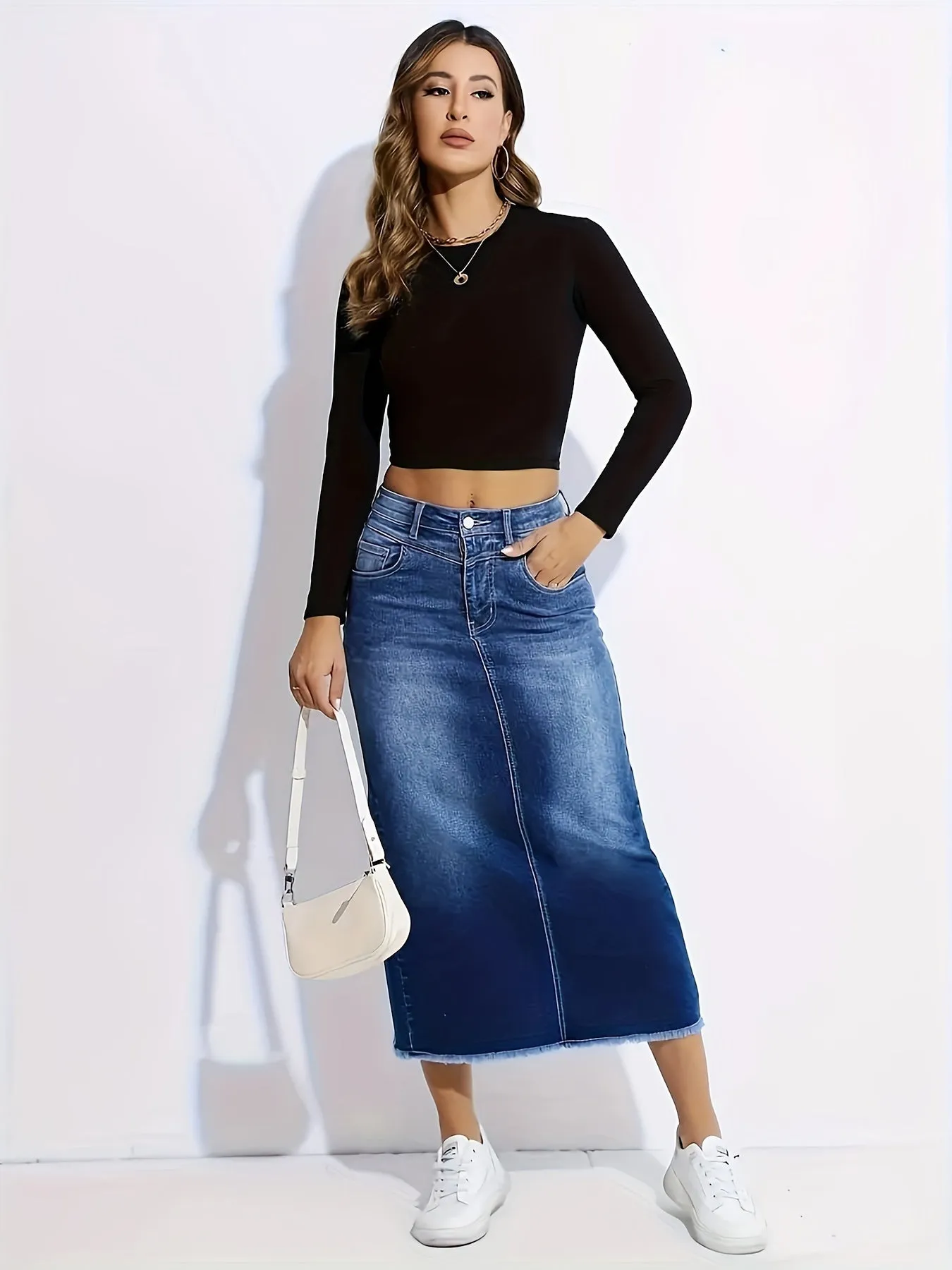 Stylish Mid-Length Denim Skirt for Women - High Waist, Casual Chic, Slit Detail, Frayed Hem, Fashionable Apparel for Everyday Wear
