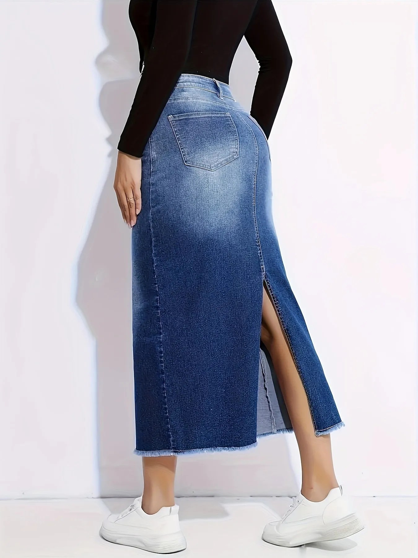 Stylish Mid-Length Denim Skirt for Women - High Waist, Casual Chic, Slit Detail, Frayed Hem, Fashionable Apparel for Everyday Wear