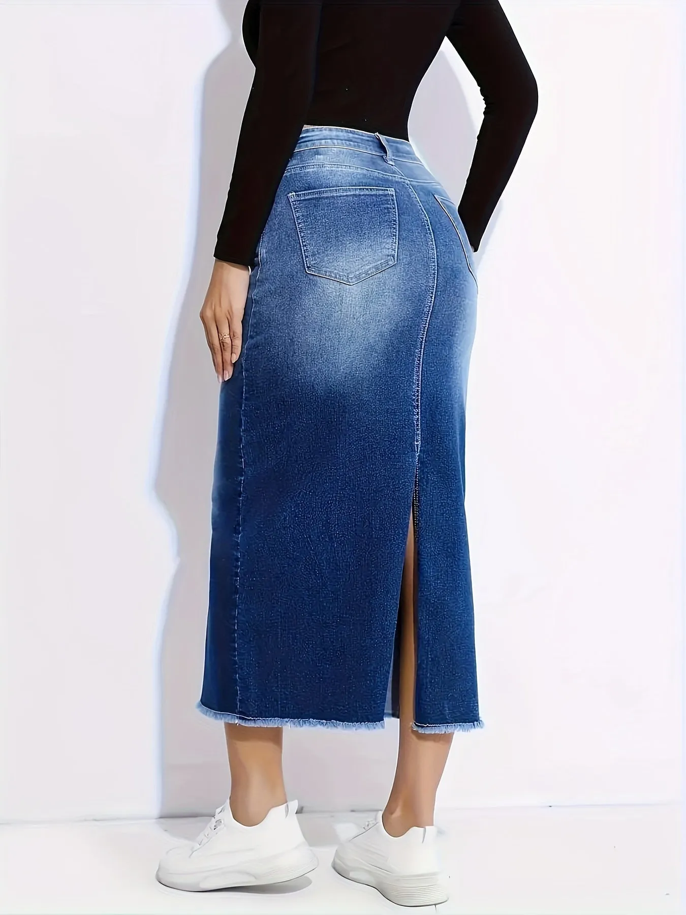 Stylish Mid-Length Denim Skirt for Women - High Waist, Casual Chic, Slit Detail, Frayed Hem, Fashionable Apparel for Everyday Wear