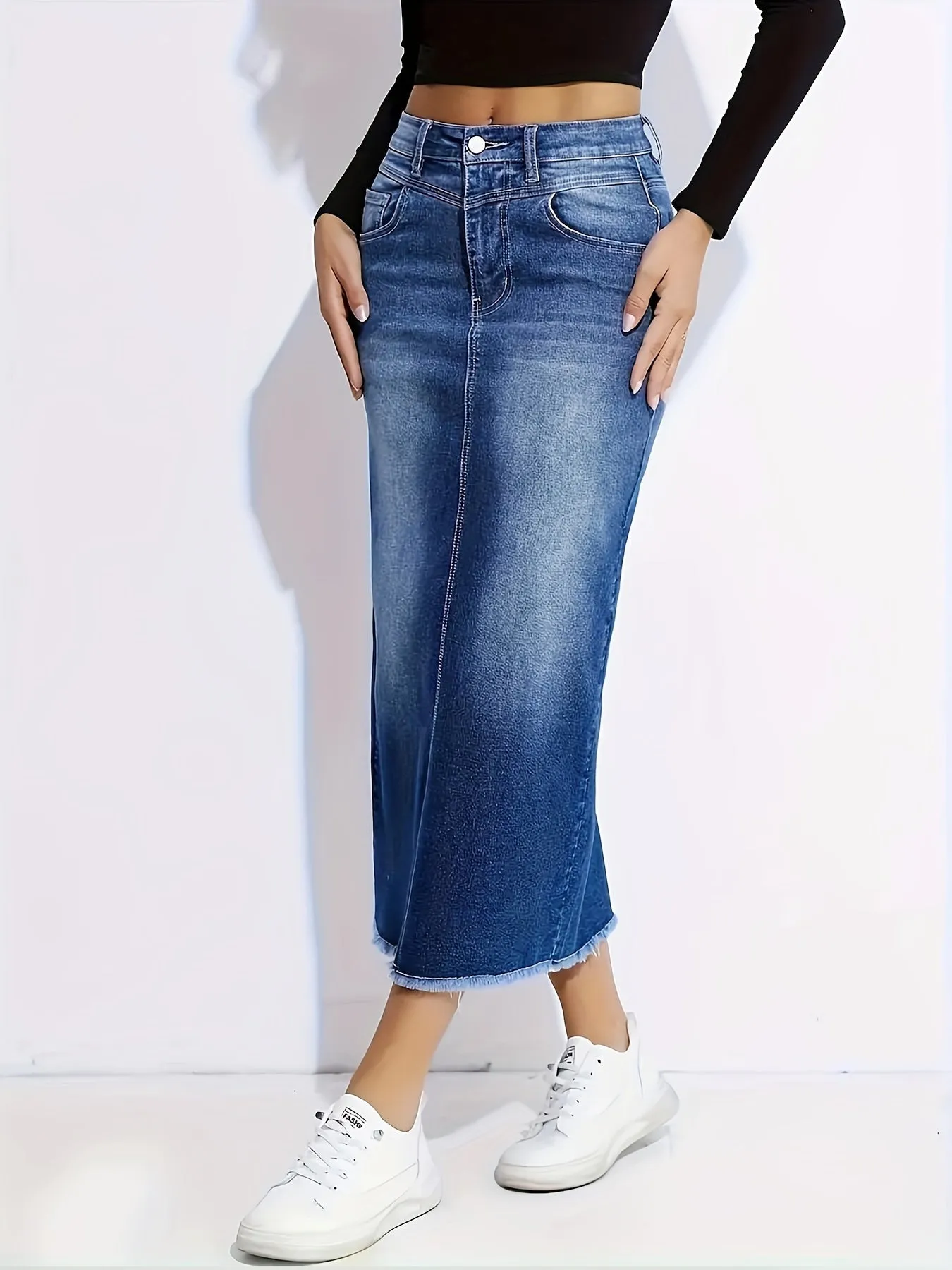 Stylish Mid-Length Denim Skirt for Women - High Waist, Casual Chic, Slit Detail, Frayed Hem, Fashionable Apparel for Everyday Wear