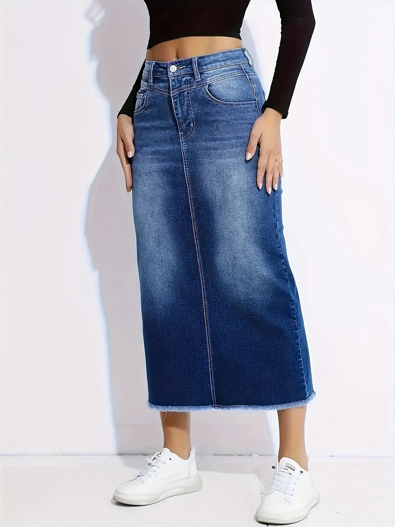 Stylish Mid-Length Denim Skirt for Women - High Waist, Casual Chic, Slit Detail, Frayed Hem, Fashionable Apparel for Everyday Wear