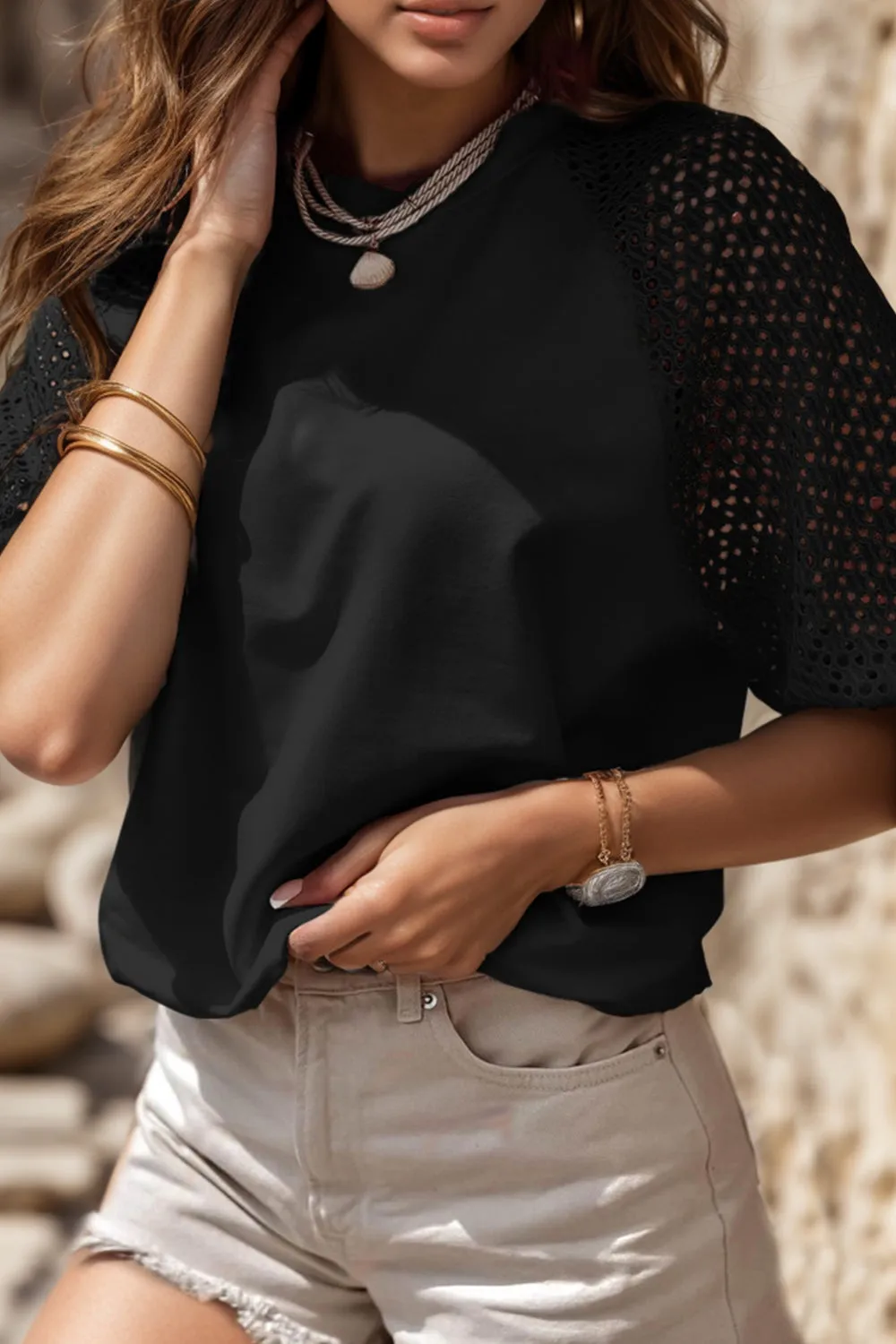 TEEK - Black Eyelet Half Sleeve Blouse