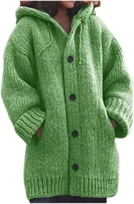 Thick Sweaters Cardigan for Women Plus Size Knitted Hooded Coat Long Sleeve Button Down Warm Jacket Hoodies with Pocket