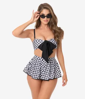 Unique Vintage Black & White Gingham Pin-Up Coronado Swim Skirt
