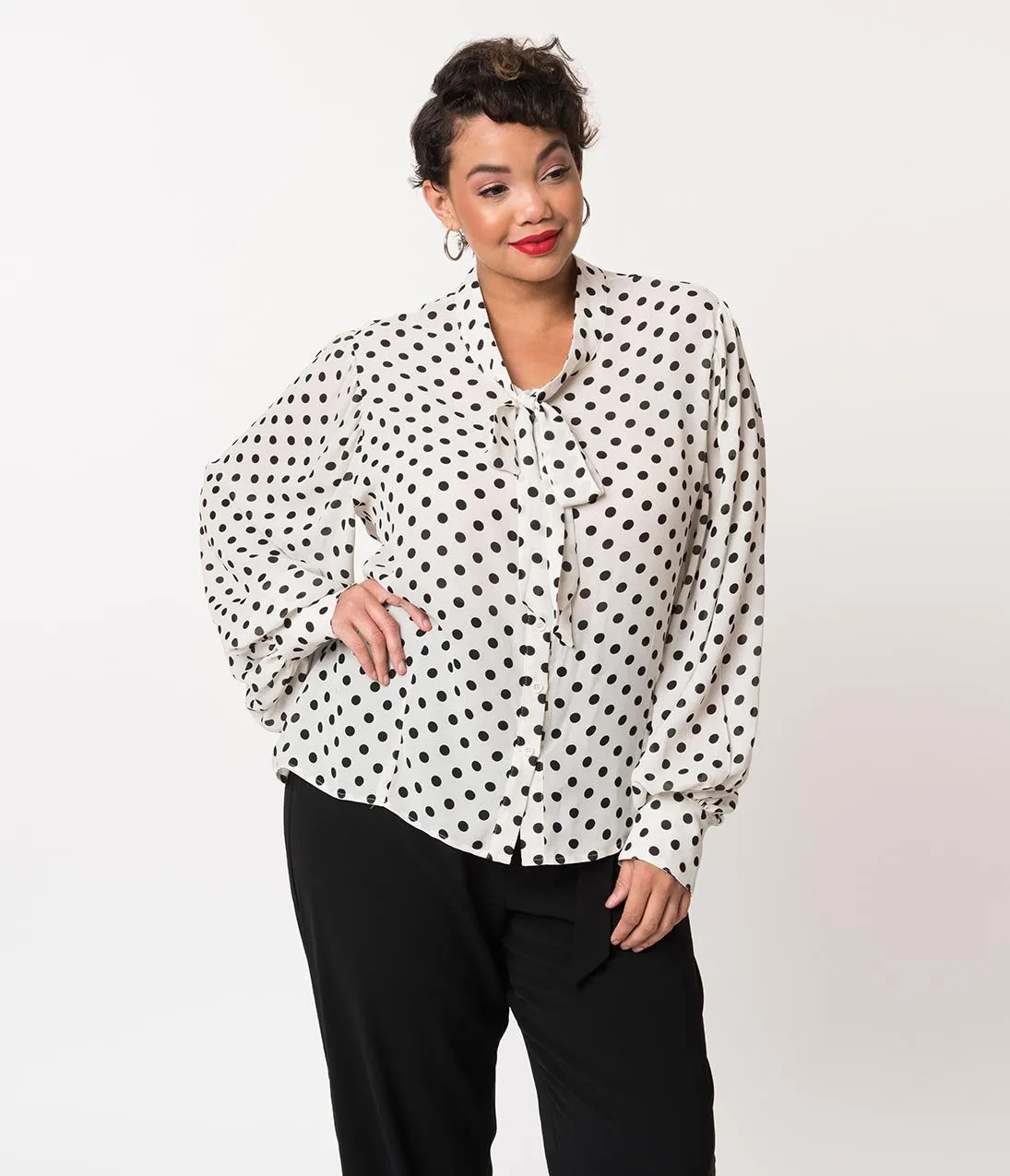Unique Vintage Plus Size White & Black Polka Dot Crepe Neck Tie Gwen Blouse