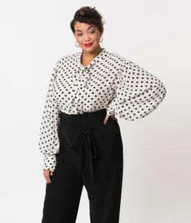 Unique Vintage Plus Size White & Black Polka Dot Crepe Neck Tie Gwen Blouse